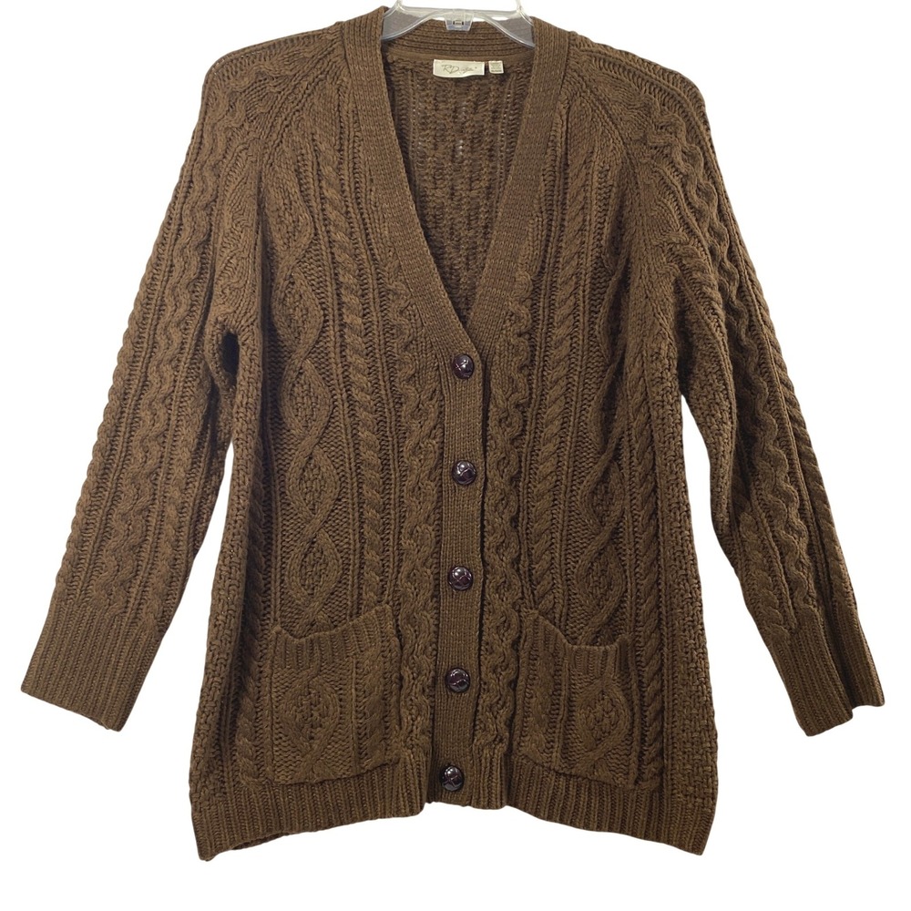 RD Style Cardigan Women XXL Brown Cable Knit Grandpacore Chunky Sweater
